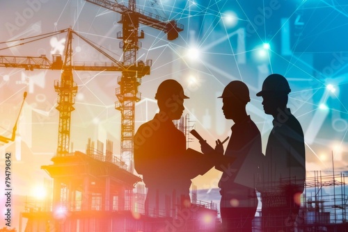 A team of engineers in silhouette discussing plans amidst a backdrop of construction equipment and materials , abstract , background