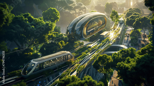 A futuristic city with a train system that is surrounded by trees. The train system is designed to be eco-friendly and blend in with the natural environment