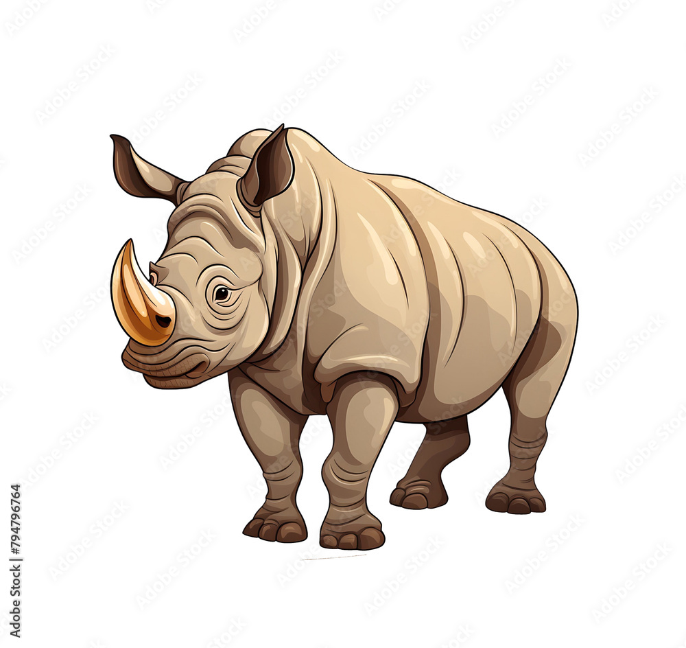 Fototapeta premium Sturdy cartoon rhinoceros with a prominent horn, portrayed in a detailed vector style. Generative AI