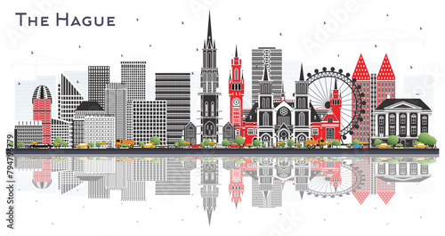 The Hague Netherlands City Skyline with Color Buildings and reflections Isolated on White. Business Travel and Tourism Concept with Historic Architecture. Hague Cityscape with Landmarks.