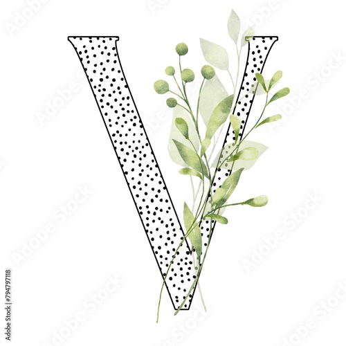 Letter V, floral monogram with watercolor leaf. Letterhead, initial perfectly for wedding invitation, greeting card, logo, poster and other design. Holiday design hand painting.