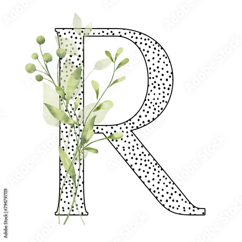 Letter R, floral monogram with watercolor leaf. Letterhead, initial perfectly for wedding invitation, greeting card, logo, poster and other design. Holiday design hand painting.