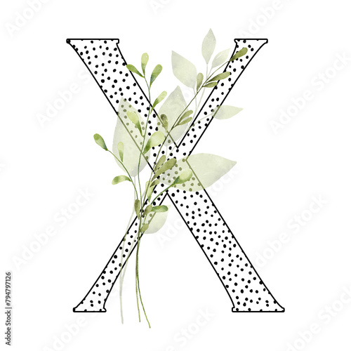 Letter X, floral monogram with watercolor leaf. Letterhead, initial perfectly for wedding invitation, greeting card, logo, poster and other design. Holiday design hand painting.