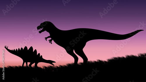 Stegosaurus vs tyrannosaurus rex, flat color illustration