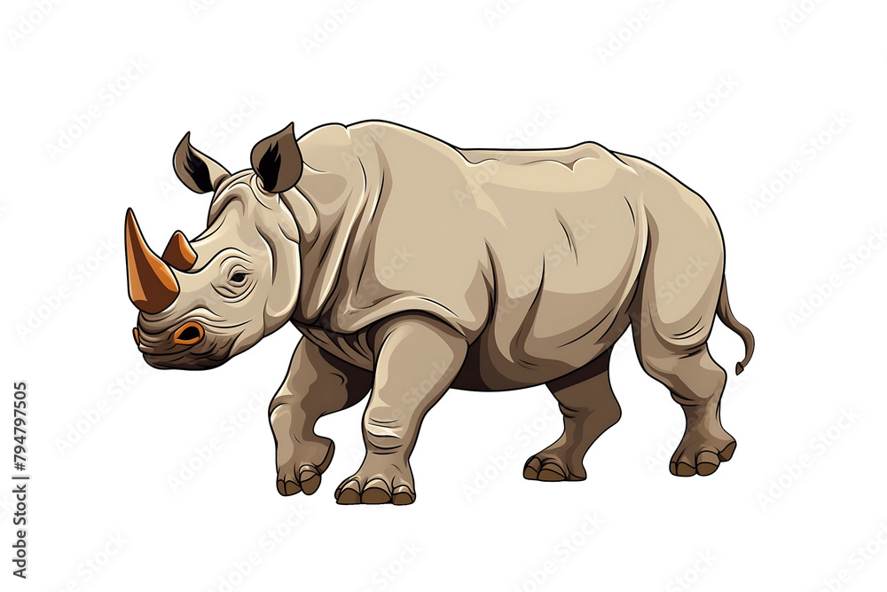 Sturdy cartoon rhinoceros with a prominent horn, portrayed in a detailed vector style. Generative AI
