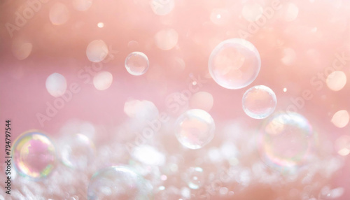 A magical scene filled with Glistening soap bubbles floating against a pastel soft pink backdrop, dreamy backgrounds.