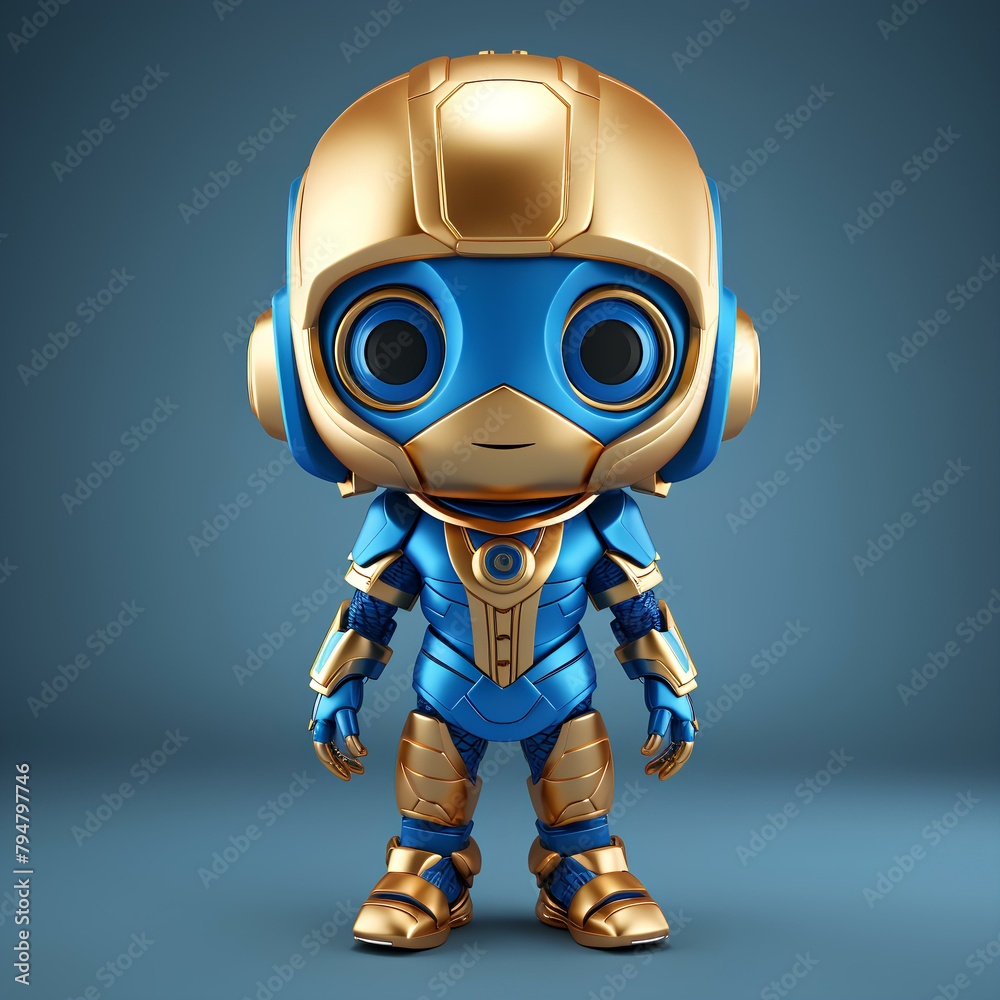 Cute Gold-Toned Robot with Blue Illuminated Eyes,An adorable gold-colored robot character with large glowing blue eyes and futuristic design, standing against a solid blue background.

