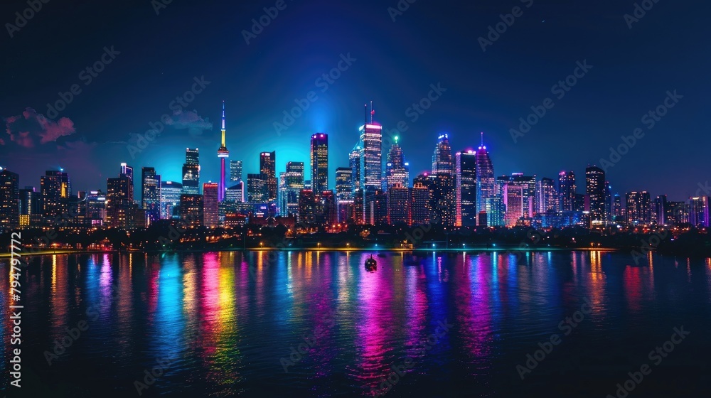 Fototapeta premium A city skyline illuminated in rainbow colors to support Pride Month. 