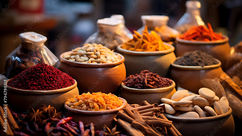 Traditional spices and dried fruits displayed Traditional spices and dried fruits displayed