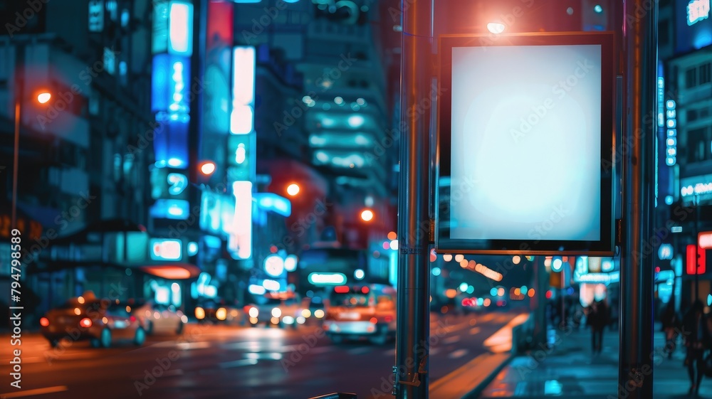 Nighttime city street with illuminated ad board - An illuminated advertising board on a city street at night with blurry traffic and city lights creating an atmospheric backdrop