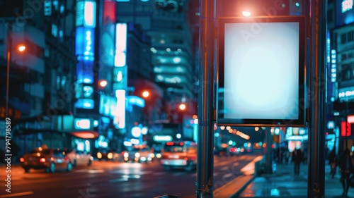 Nighttime city street with illuminated ad board - An illuminated advertising board on a city street at night with blurry traffic and city lights creating an atmospheric backdrop