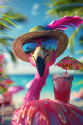 cartoon flamingo in sunglasses and sun hat drink pink cocktail on the tropical beach background, holiday, vacation time, summer drink concept