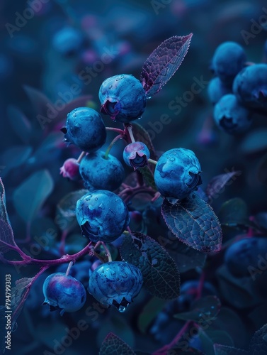 Artistic rendition of blueberry bush - Moody and artistic representation of a blueberry bush with emphasis on texture and blue hues, ideal for art and culinary uses photo