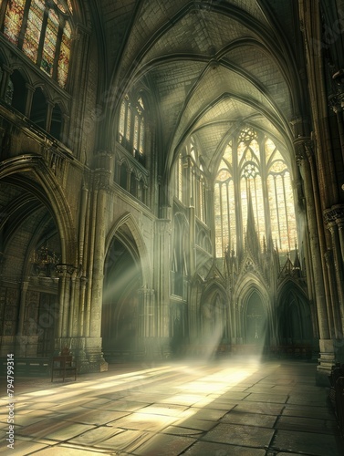 Sunbeams illuminating a Gothic cathedral - Mysterious Gothic cathedral with sunbeams shining through stained glass windows  creating a heavenly atmosphere