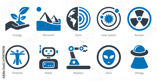 A set of 10 Science and Experiment icons as ecology, mountain, earth