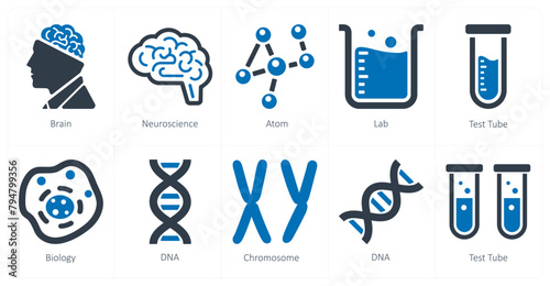 A set of 10 Science and Experiment icons as brain, neuroscience, atom