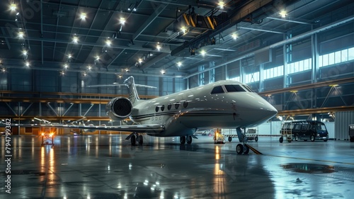 Sophisticated private jet parked in a modern hangar - Private jet stands ready in a spacious, well-lit hangar showcasing luxury, exclusivity, and high-end air travel services