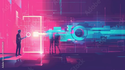 Pop art inspired secure data exchange illustration, stylized figures passing a glowing digital key photo