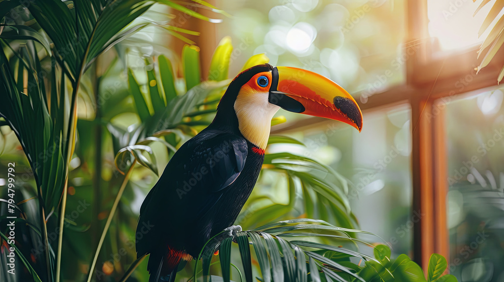 Obraz premium toucan in the living room with green house on the windows background