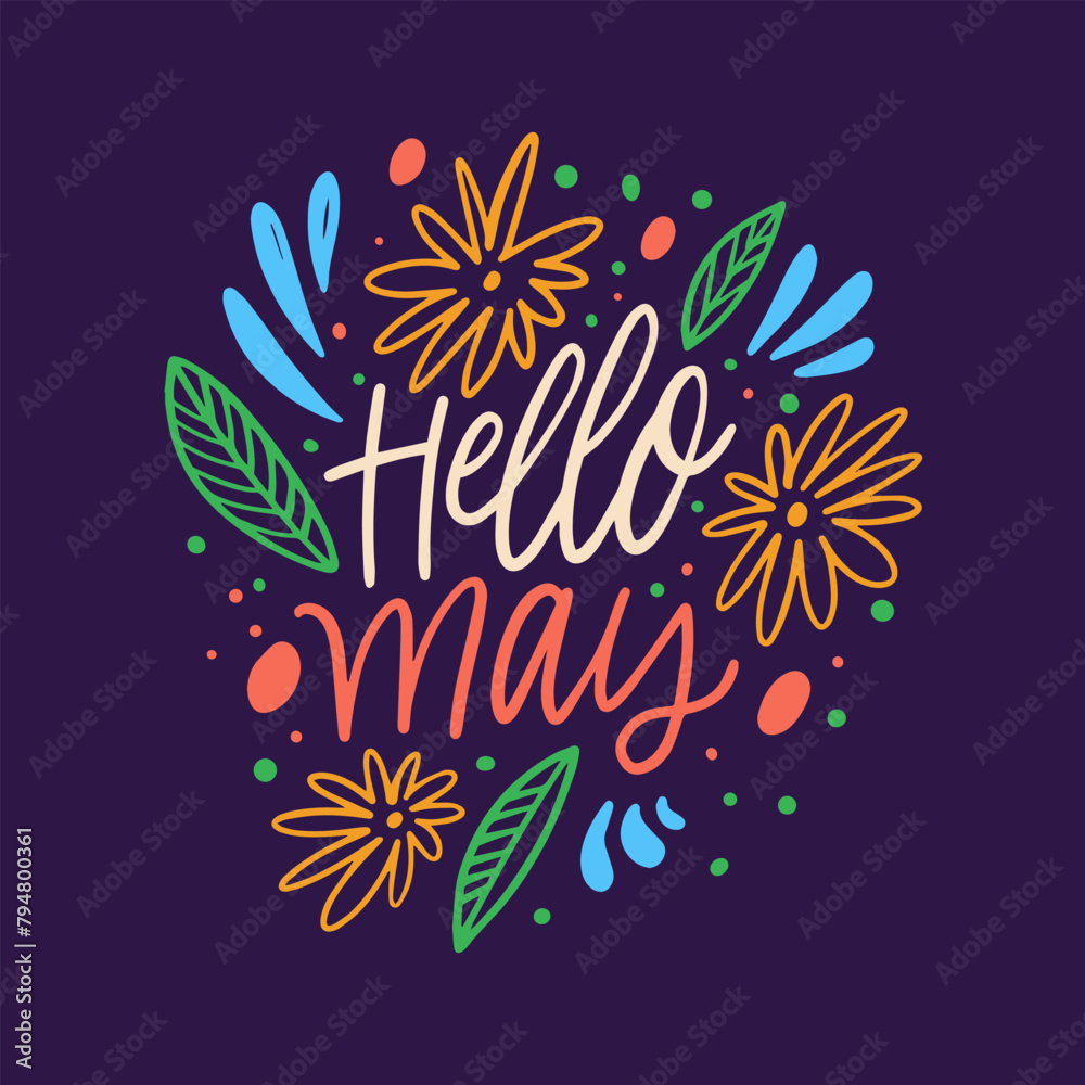 Colorful lettering of the phrase Hello May with floral elements and leaves on a purple background.