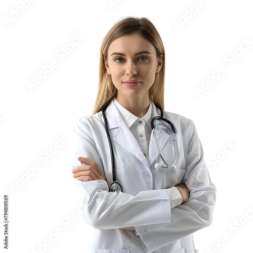 Doctor woman with stethoscope keeping the arms crossed on isolated transparent background