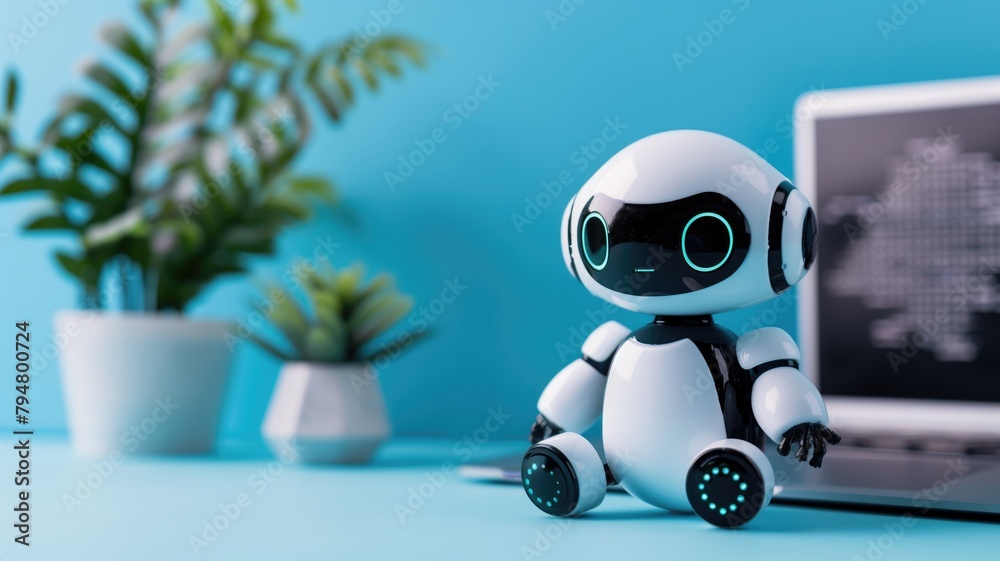 Small white humanoid robot with circular eyes sitting on desk near computer and potted plant against blue background Small white humanoid robot with circular eyes sitting on desk near computer and potted plant against blue background