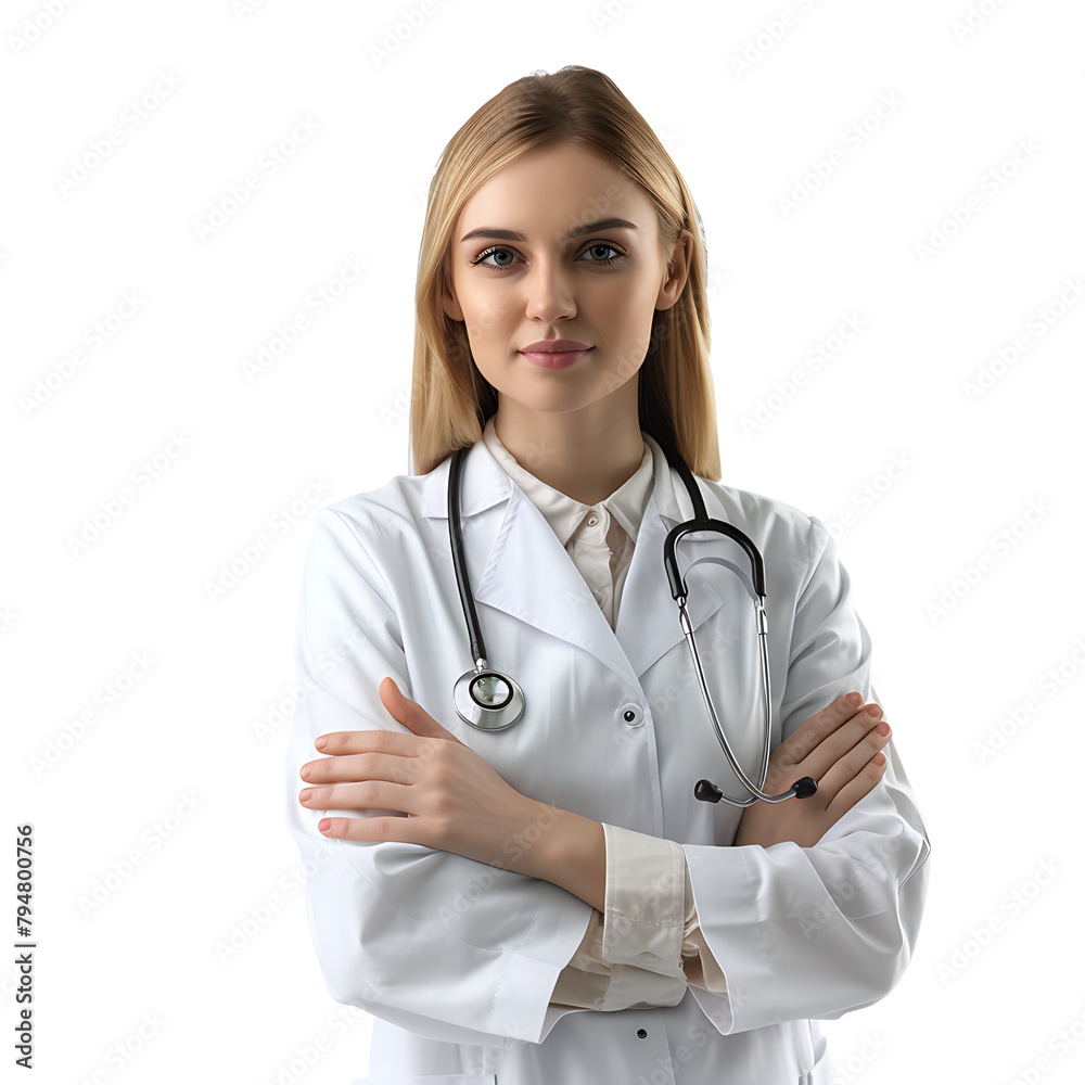 Doctor woman with stethoscope keeping the arms crossed on isolated transparent background Doctor woman with stethoscope keeping the arms crossed on isolated transparent background