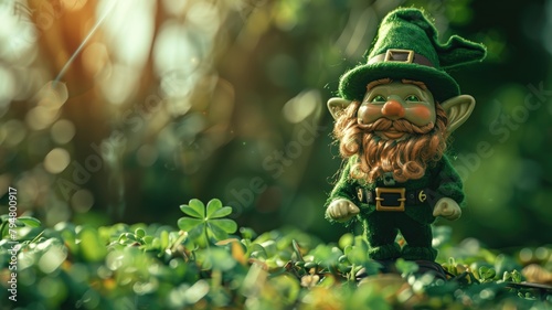 Small bearded figurine in green clothes among clovers photo