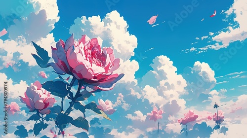 High angle pink flower with clouds ,Generative ai, 