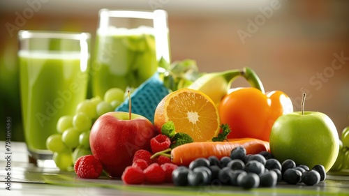 Assorted fresh fruits and vegetables with juice on wooden table