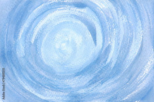 Watercolor textured blue abstract background of brush strokes in a circle, spiral, hand-drawn. A banner for design, decoration with a place for text. Watercolor spot, splash, whirlpool.