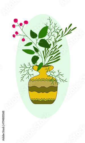 Spring greetings card with vase bouquet flowers, branches and green leaves, white background, holiday card, colored design floral pattern, frame, postcard for invitations, birthday, congratulations 