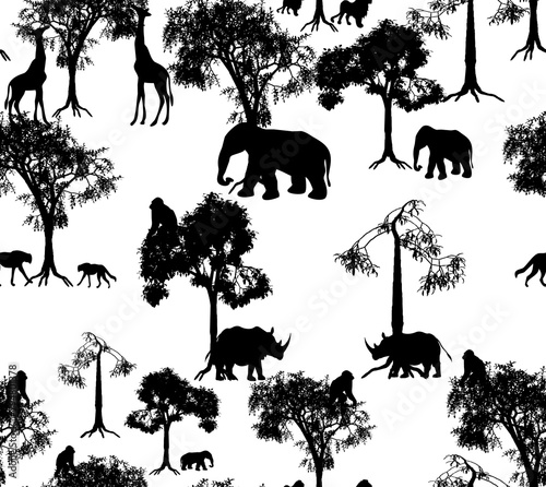 Black and white seamless pattern with African animals, trees, cartoon background, postcard, children's print for fabric, funny wallpaper