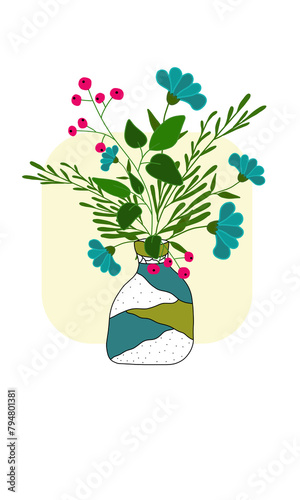 Greetings card with spring bouquet blue flowers green leaves in  vase on white background, holiday card, colorful design floral pattern, frame, postcard for invitations, for birthday congratulations 