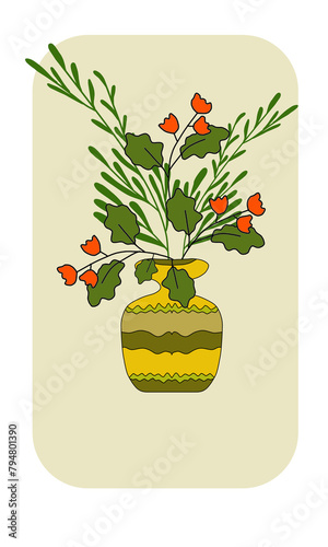 Vase with bouquet spring orange flowers, green leaves on white background, holiday card, colored design floral pattern, frame, colorful postcard for invitations, for birthday, congratulations 