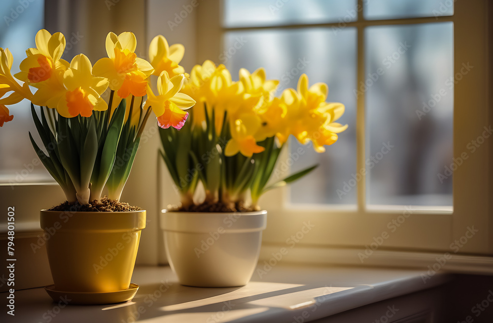 yellow daffodils in pots on the windowsill in a bright room. a blurred long-range view of the streets of the city outside the window yellow daffodils in pots on the windowsill in a bright room. a blurred long-range view of the streets of the city outside the window