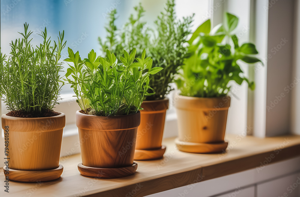 Fototapeta premium fragrant Provencal herbs in pots on the windowsill. creating comfort. the benefits of aromatherapy oils 