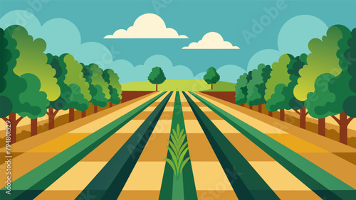Rows of crops separated by wide strips of vegetation creating natural pathways for animals to move through the farm.