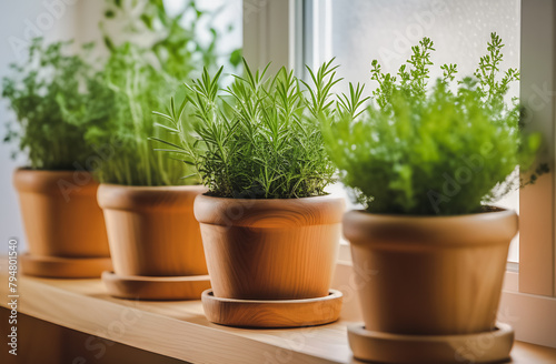 fragrant Provencal herbs in pots on the windowsill. creating comfort. the benefits of aromatherapy oils
