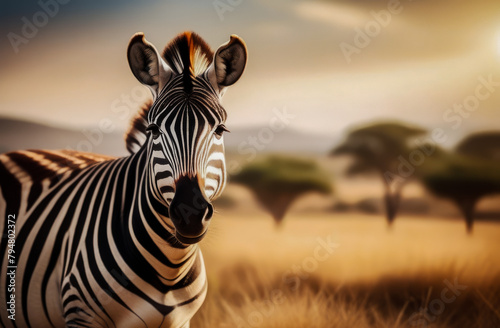 A happy smiling zebra on the background of a sunset in the savannah. tourist destinations for recreation.