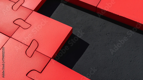 A close-up of red interlocking puzzle pieces casting shadows on a black surface, depicting problem-solving or complexity photo