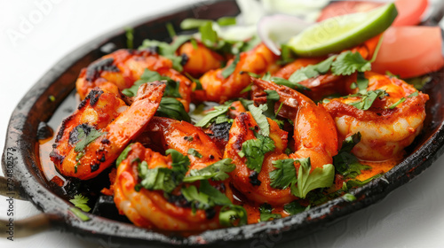 Indian seafood dish tandoori shrimp with herbs and spices grilled on black iron plate isolated on white background created with Generative AI Technology