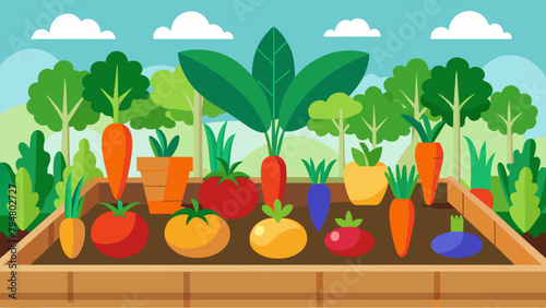 A garden bed filled with various colorful vegetables such as carrots peppers and zucchinis all grown without the use of chemicals or