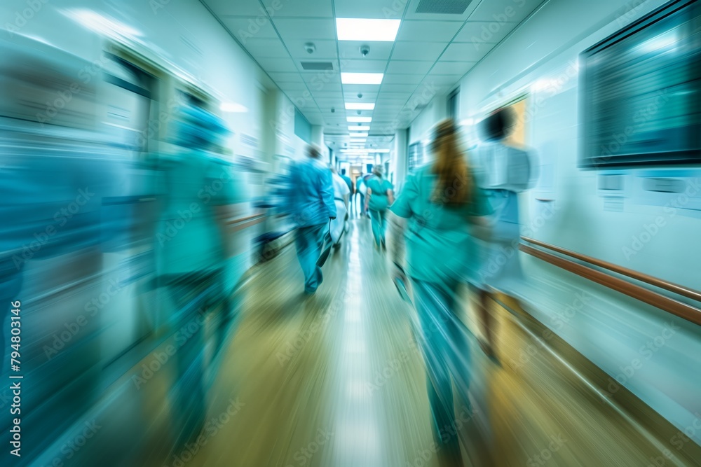 Busy hospital corridor with moving staff Busy hospital corridor with moving staff