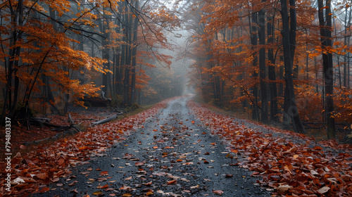 Misty autumnal forest path with fallen leaves and a hazy atmosphere.	 photo