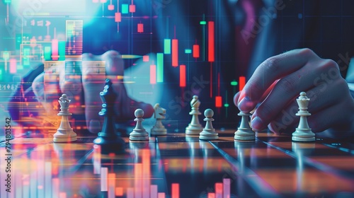 Strategic minds navigate a chessboard overlaying a dynamic stock graph, forecasting moves in finance and game