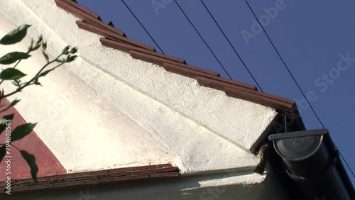 Ein Sperling wagt sich nicht unter das Hausdach um Material zum  Nest zu bringen