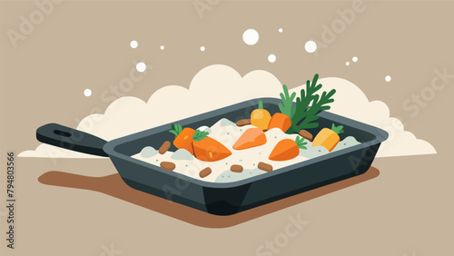 A roasting pan filled with root vegetables and herbs nestled atop a bed of natural salt crystals to enhance flavor and reduce the need for added