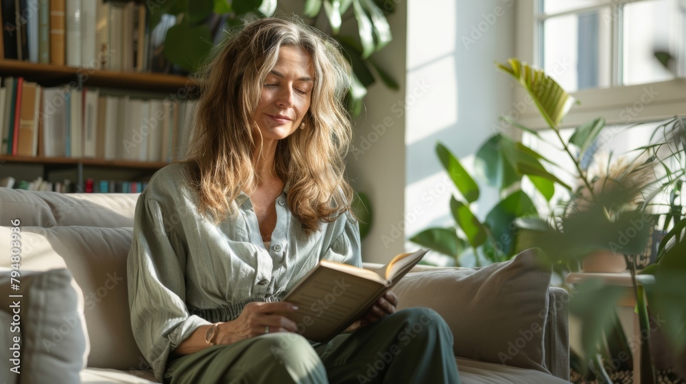 Happy mature woman reading book while resting on comfortable in bright living room. Happy mature woman reading book while resting on comfortable in bright living room.