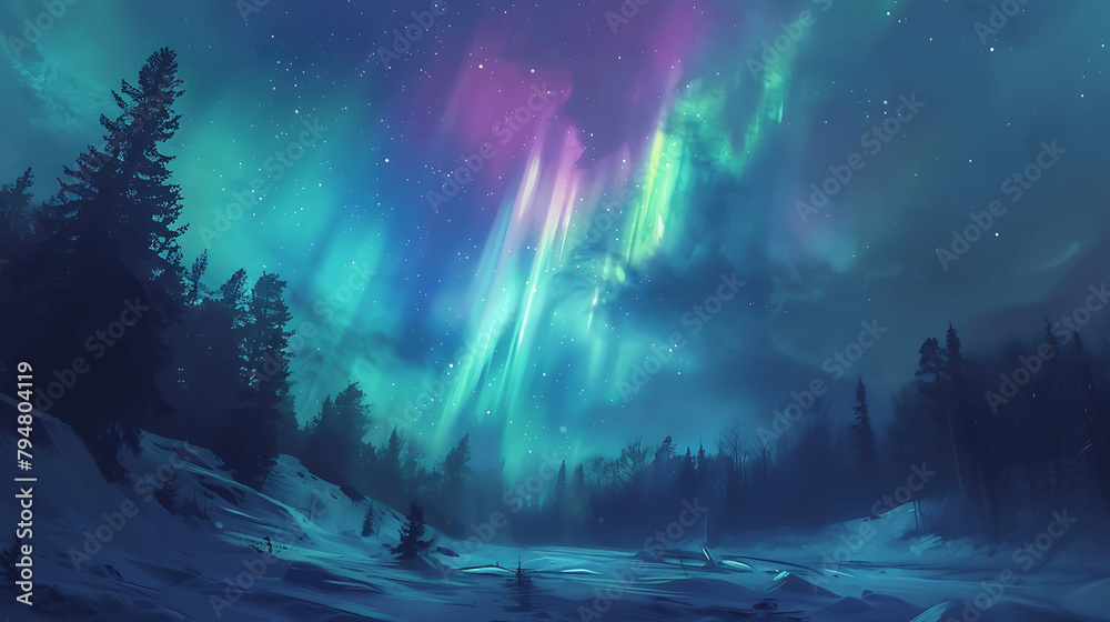 Obraz premium A beautiful blue sky with a bright aurora borealis in the background. The mountains in the distance are covered in snow and the trees are bare